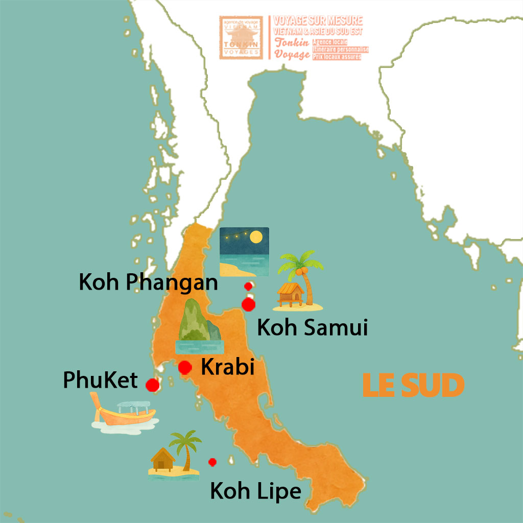 Carte touristique de la Thailande le sud