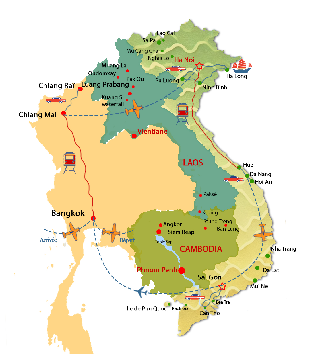 Carte d'itinéraire Vietnam et Thailande