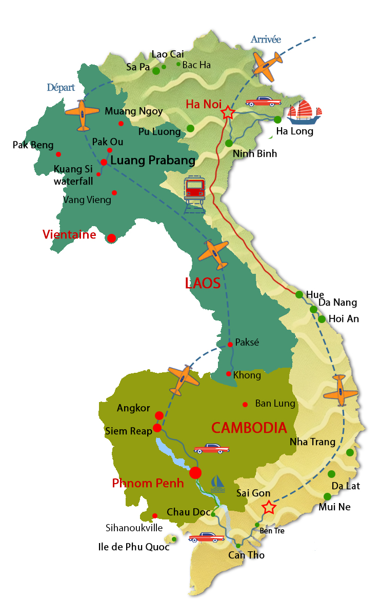 Carte circuit combiné Vietnam, Laos et Cambodge 