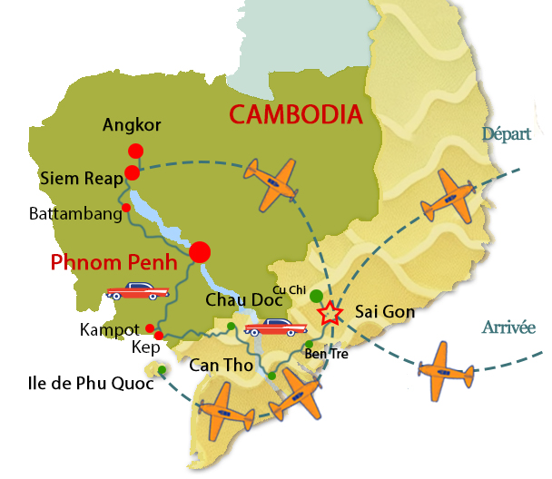 Carte circuit Sud Vietnam et Angkor Vat Cambodge