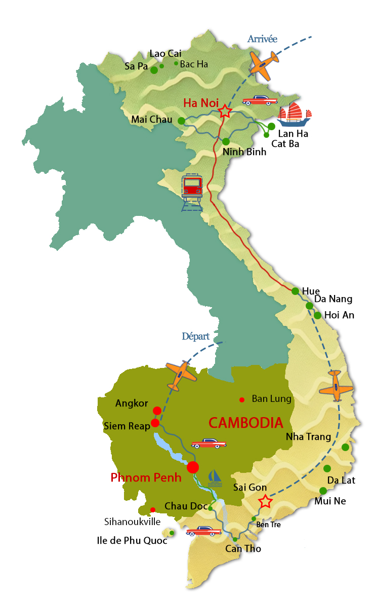 Carte du circuit combiné Vietnam et Cambodge en famille