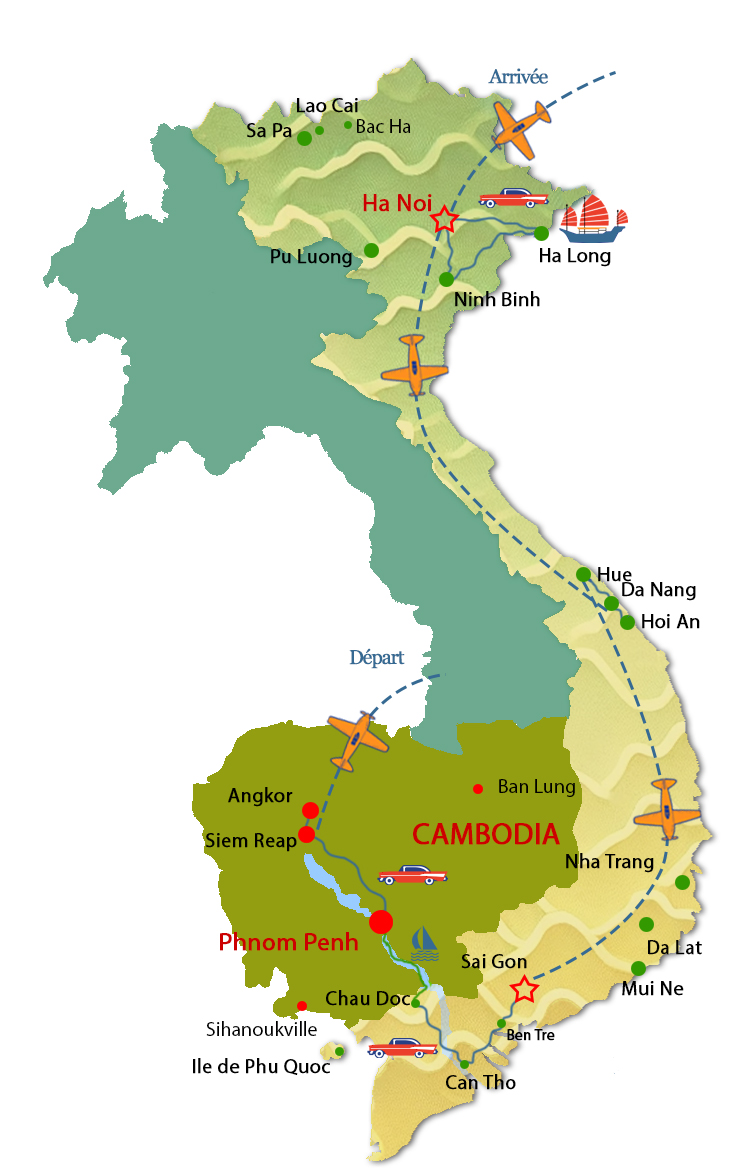 Carte circuit combiné Vietnam Cambodge voie fluvial