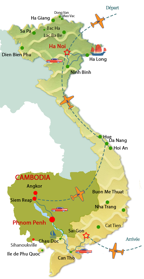 Carte d'itinéraire du circuit combiné Vietnam Cambodge 