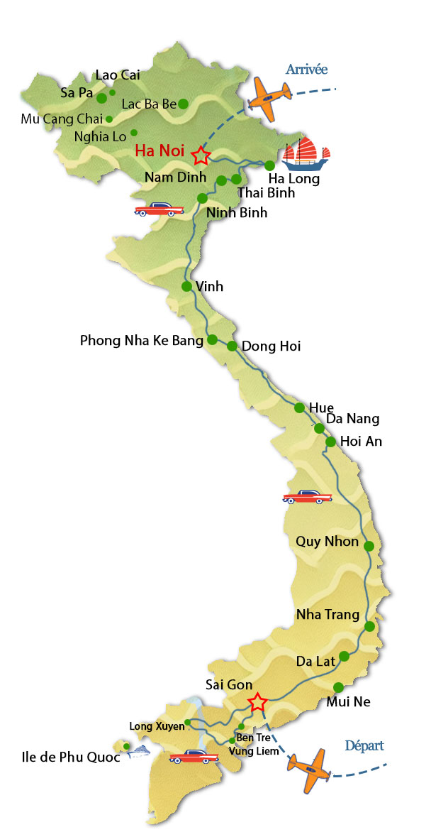 Quand partir au Vietnam - Carte d'un itinéraire au vietnam du nord au sud 