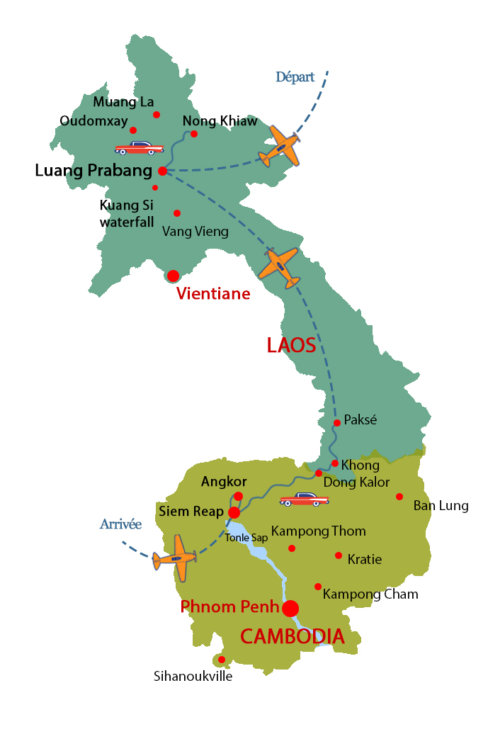 Carte du circuit en famille Cambodge et Laos en 14 jours