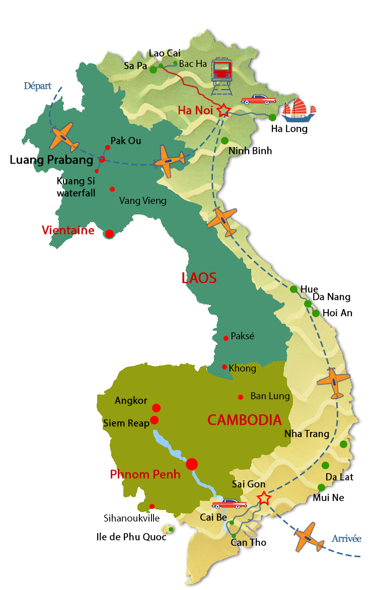Carte du circuit combiné Laos et Vietnam avec l'agence locale Tonkin Voyage