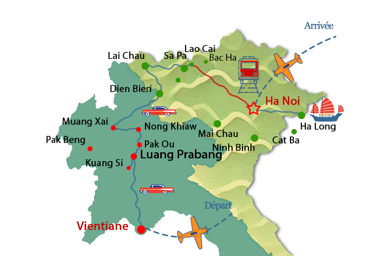 Carte du circuit de Hanoi Vietnam à Vientiane Laos 