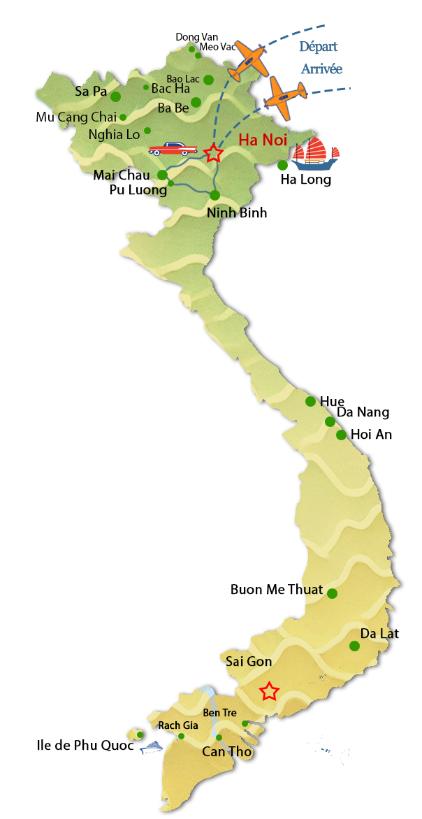 Carte du circuit Nord Vietnam Voyage surprise organis&eacute; par l'agence de voyage sur mesure Tonkin Voyage